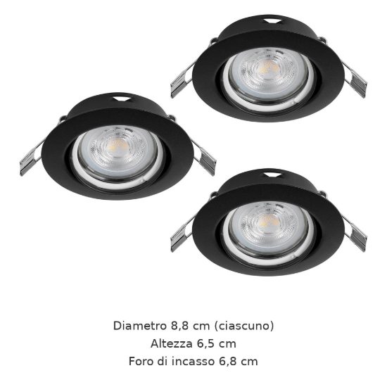 Eglo favazzina set 3 faretti da incasso per cartongesso orientabili led 3x4w 2700k foro 6,8cm nero