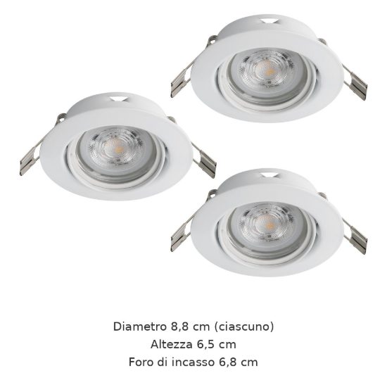 Eglo favazzina set 3 faretti da incasso per cartongesso orientabili led 3x4w 2700k foro 6,8cm bianco