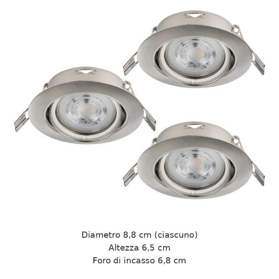 Eglo favazzina set 3 faretti da incasso per cartongesso orientabili led 3x4w 2700k foro 6,8cm nichel opaco