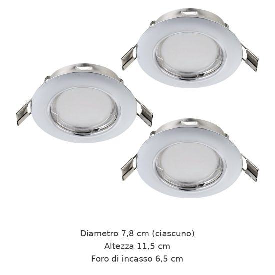 Eglo peneto set 3 faretti da incasso per cartongesso orientabili led 3x2,8w 3000k foro 6,5cm cromo