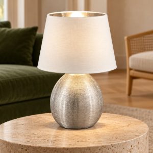 Lampada da tavolo per soggiorno moderna base in ceramica argento paralume bianco