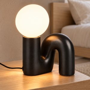 Abat-jour per comodino moderno nero in ceramica con sfera in vetro bianco