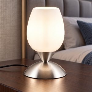 Abat-jour touch per comodino moderno nichel opaco con calice in vetro satinato bianco