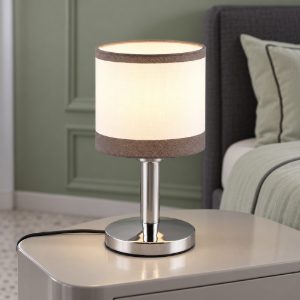 Abat-jour touch per comodino moderno cromo con paralume in tessuto bianco grigio