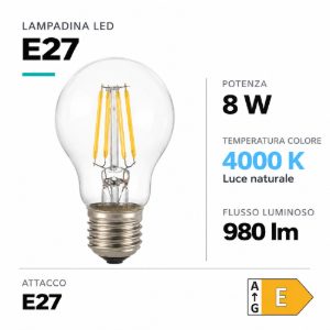 Lampadina e27 led 8w 4000k filamento goccia trasparente ideal lux
