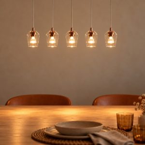 Lampadario con 5 pendenti lineare per soggiorno contemporaneo trasparente oro led 20w 2700k