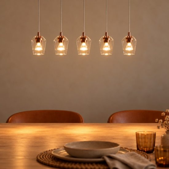 Lampadario con 5 pendenti lineare per soggiorno contemporaneo trasparente oro led 20w 2700k
