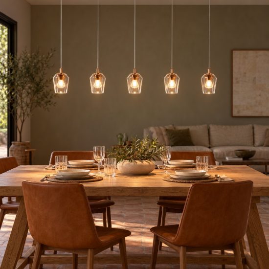 Lampadario con 5 pendenti lineare per soggiorno contemporaneo trasparente oro led 20w 2700k