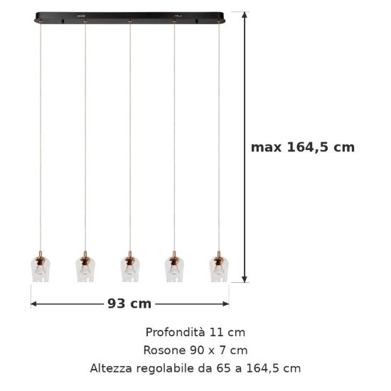 Lampadario con 5 pendenti lineare per soggiorno contemporaneo trasparente oro led 20w 2700k