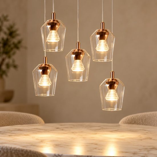 Lampadario con 5 pendenti a grappolo per soggiorno contemporaneo trasparente oro led 20w 2700k