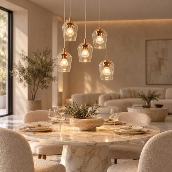 Lampadario con 5 pendenti a grappolo per soggiorno contemporaneo trasparente oro led 20w 2700k