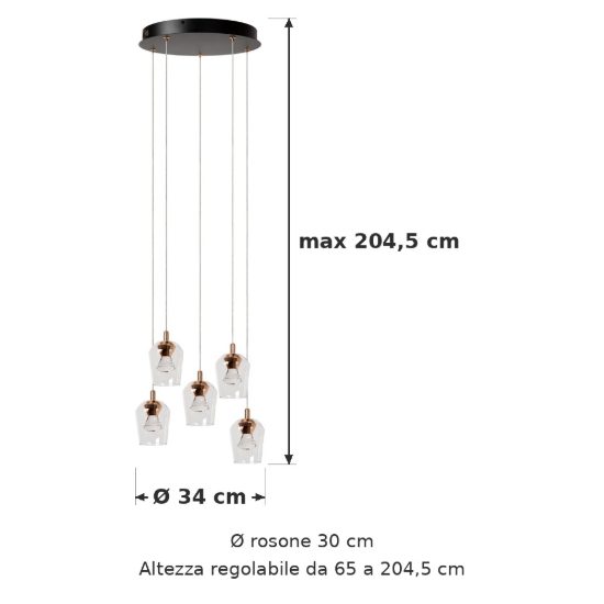 Lampadario con 5 pendenti a grappolo per soggiorno contemporaneo trasparente oro led 20w 2700k
