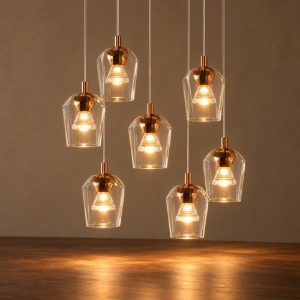 Lampadario con 7 pendenti a grappolo per soggiorno contemporaneo trasparente oro led 28w 2700k