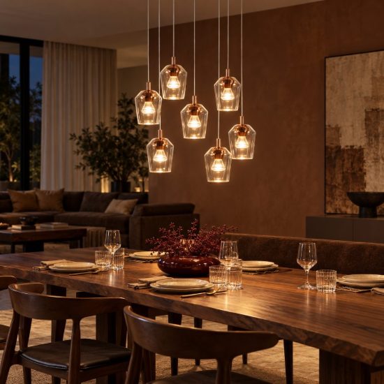 Lampadario con 7 pendenti a grappolo per soggiorno contemporaneo trasparente oro led 28w 2700k
