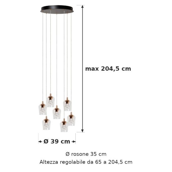 Lampadario con 7 pendenti a grappolo per soggiorno contemporaneo trasparente oro led 28w 2700k