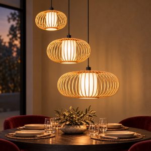 Lampadario a sospensione con 3 pendenti a cascata per sala da pranzo moderno legno chiaro nero