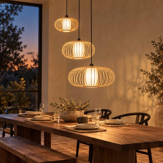 Lampadario a sospensione con 3 pendenti a cascata per sala da pranzo moderno legno chiaro nero