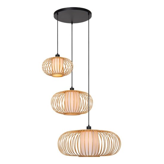 Lampadario a sospensione con 3 pendenti a cascata per sala da pranzo moderno legno chiaro nero