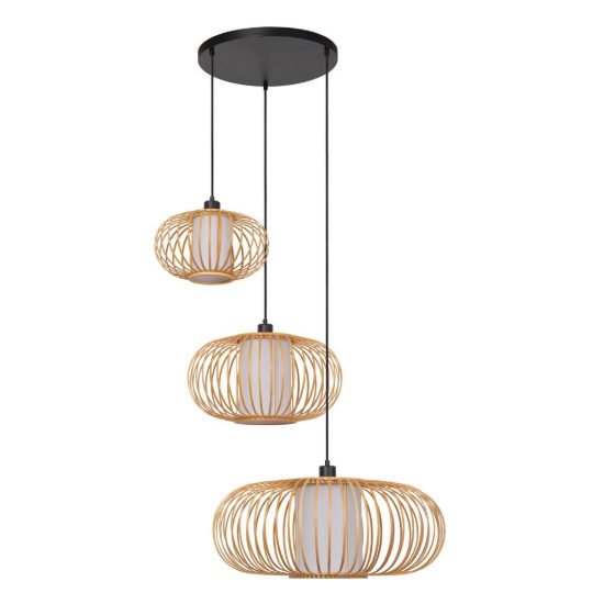 Lampadario a sospensione con 3 pendenti a cascata per sala da pranzo moderno legno chiaro nero