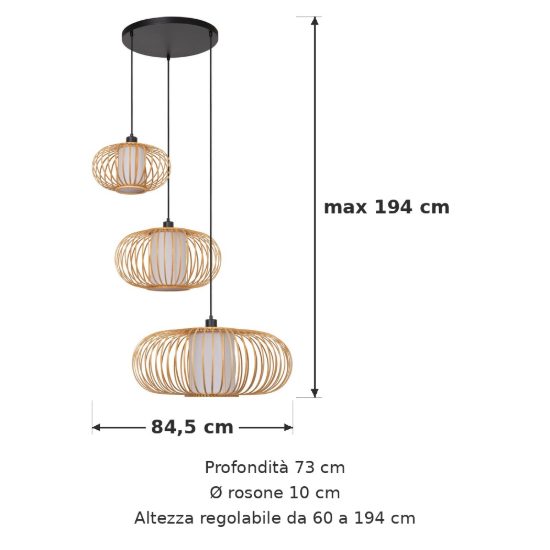 Lampadario a sospensione con 3 pendenti a cascata per sala da pranzo moderno legno chiaro nero