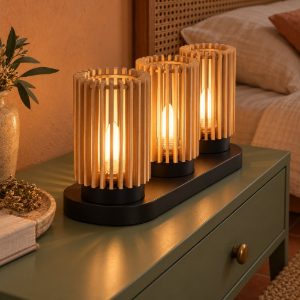 Set 3 lampade da tavolo ricaricabili a cilindro effetto legno chiaro led 0,3w 2200k dimmerabili