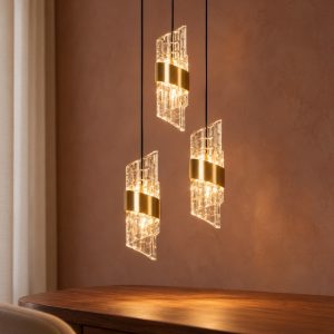 Lampadario con 3 pendenti a cascata per camera da letto oro trasparente led 24w 2700k