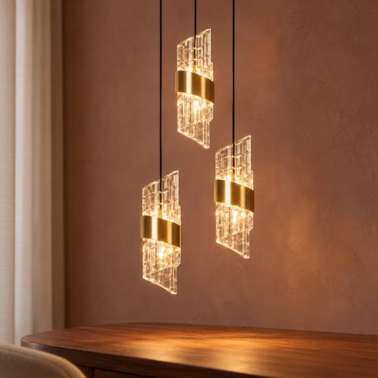 Lampadario con 3 pendenti a cascata per camera da letto oro trasparente led 24w 2700k