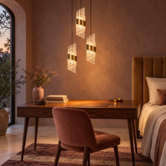 Lampadario con 3 pendenti a cascata per camera da letto oro trasparente led 24w 2700k