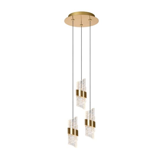Lampadario con 3 pendenti a cascata per camera da letto oro trasparente led 24w 2700k