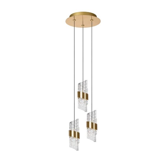 Lampadario con 3 pendenti a cascata per camera da letto oro trasparente led 24w 2700k