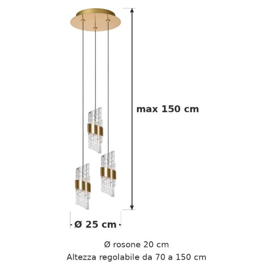 Lampadario con 3 pendenti a cascata per camera da letto oro trasparente led 24w 2700k