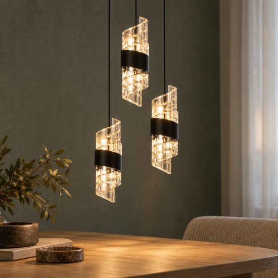 Lampadario con 3 pendenti a cascata per camera da letto nero trasparente led 24w 2700k