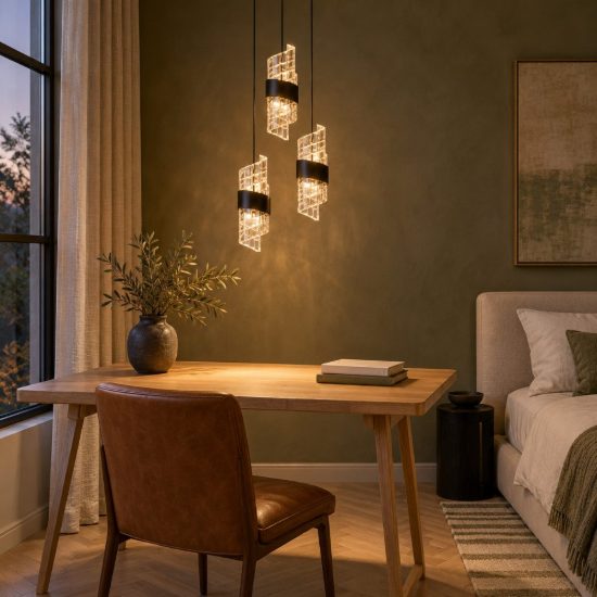 Lampadario con 3 pendenti a cascata per camera da letto nero trasparente led 24w 2700k