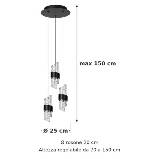 Lampadario con 3 pendenti a cascata per camera da letto nero trasparente led 24w 2700k
