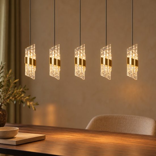 Lampadario con 5 pendenti lineare per camera da letto oro trasparente led 39w 2700k