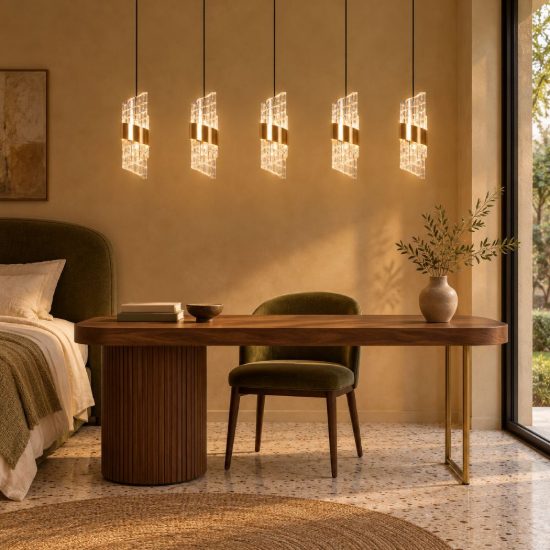 Lampadario con 5 pendenti lineare per camera da letto oro trasparente led 39w 2700k