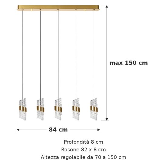 Lampadario con 5 pendenti lineare per camera da letto oro trasparente led 39w 2700k