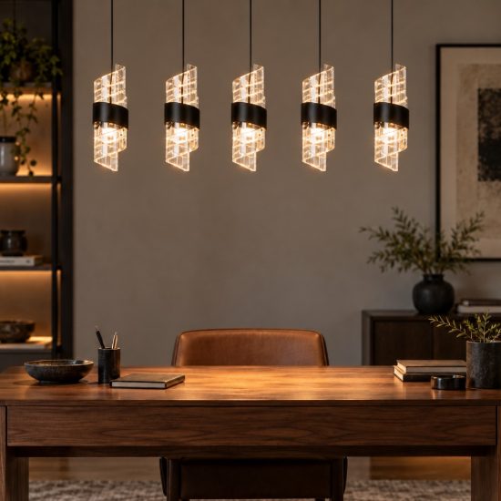 Lampadario con 5 pendenti lineare per camera da letto nero trasparente led 39w 2700k