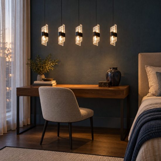 Lampadario con 5 pendenti lineare per camera da letto nero trasparente led 39w 2700k