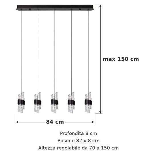 Lampadario con 5 pendenti lineare per camera da letto nero trasparente led 39w 2700k