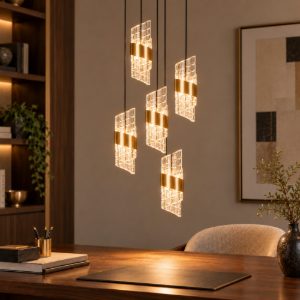 Lampadario con 5 pendenti a grappolo per camera da letto oro trasparente led 40w 2700k