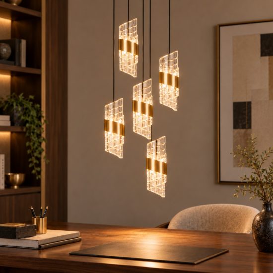 Lampadario con 5 pendenti a grappolo per camera da letto oro trasparente led 40w 2700k