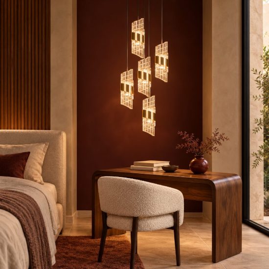 Lampadario con 5 pendenti a grappolo per camera da letto oro trasparente led 40w 2700k