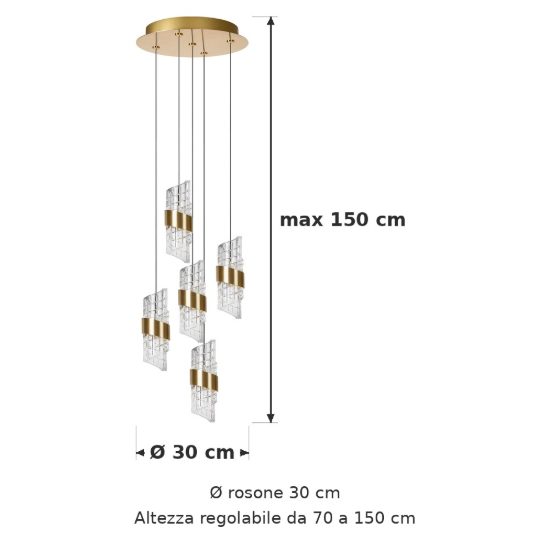 Lampadario con 5 pendenti a grappolo per camera da letto oro trasparente led 40w 2700k