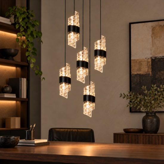 Lampadario con 5 pendenti a grappolo per camera da letto nero trasparente led 40w 2700k