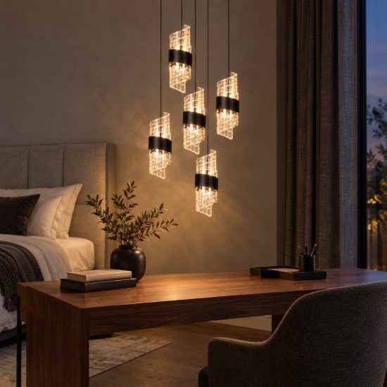 Lampadario con 5 pendenti a grappolo per camera da letto nero trasparente led 40w 2700k