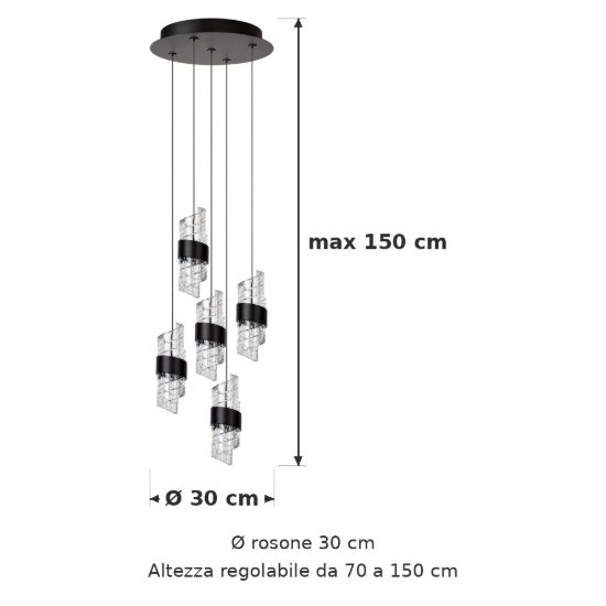 Lampadario con 5 pendenti a grappolo per camera da letto nero trasparente led 40w 2700k