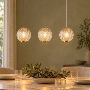 Lampadario con 3 pendenti lineare per soggiorno contemporaneo trasparente oro led 14,1w 2700k