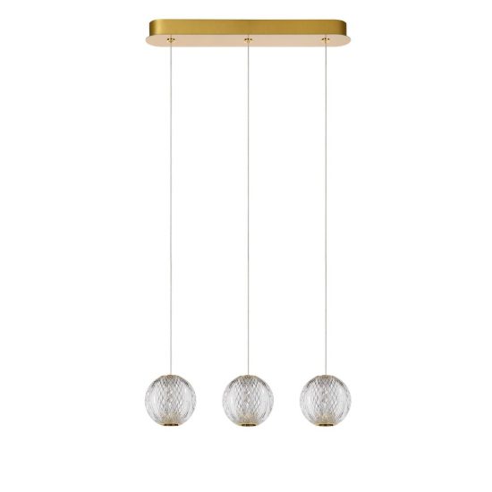 Lampadario con 3 pendenti lineare per soggiorno contemporaneo trasparente oro led 14,1w 2700k