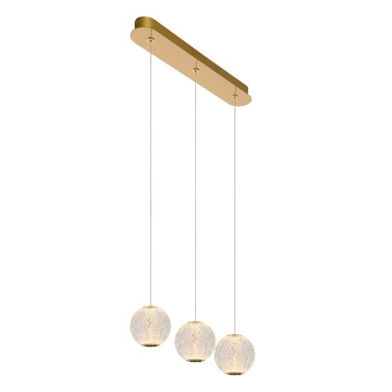 Lampadario con 3 pendenti lineare per soggiorno contemporaneo trasparente oro led 14,1w 2700k